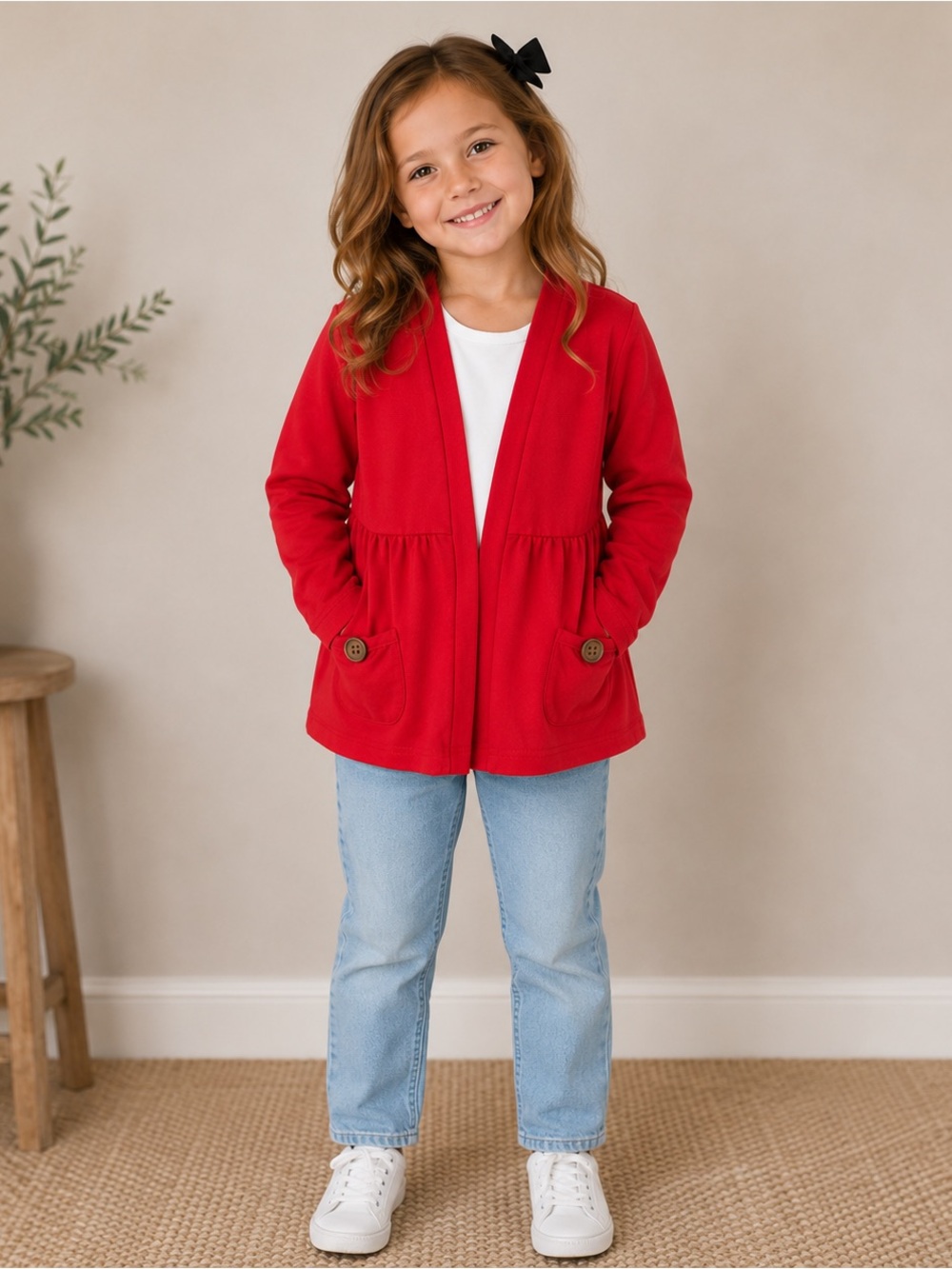 Girl August Red Open-Front Jacket with Button Pockets
